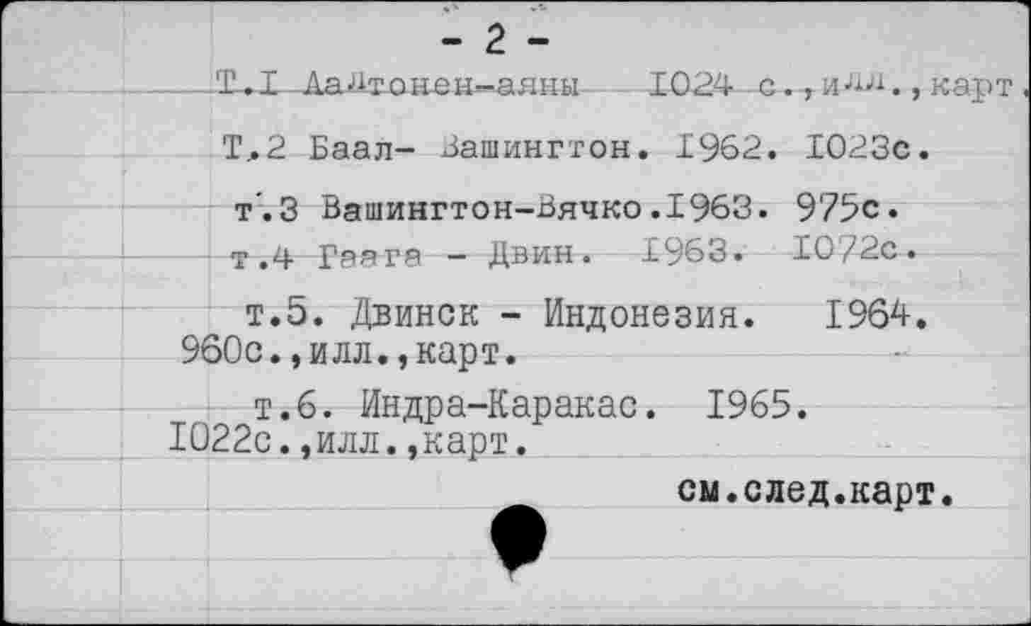 ﻿- 2 -
—Т^Т_ЛеиЩшнеН"аяны	1024 . с., илл., карт
Т.2 Баал- Вашингтон. 1962. 1023с.
т'.З Вашингтон-Вячко.1963. 975с.
- т.4 Гаага - Двин. 1963.	1072с.
т.5. Двинск - Индонезия. 1964.
960с.,илл.,карт.
т.6. Индра-Каракас. 1965.
1022с.,илл.,карт.
см.след.карт.